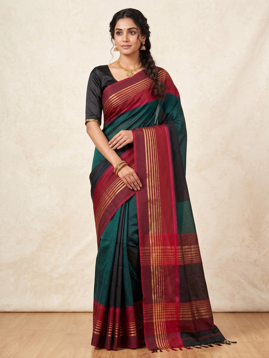 Black Maheshwari Silk Saree with V Border