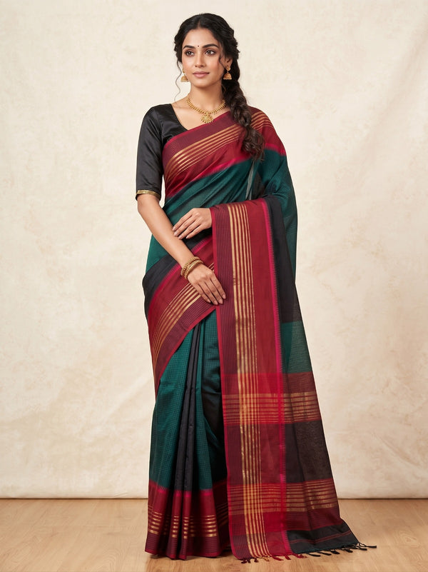 Black Maheshwari Silk Saree with V Border