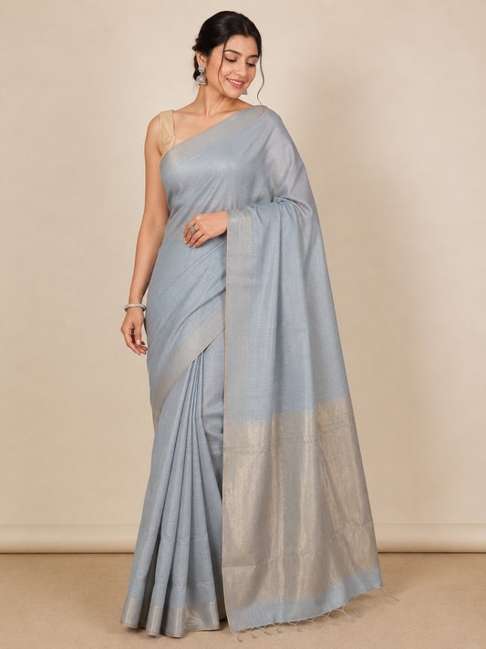 Grey Maheshwari Silk Saree with Tissue Pallu