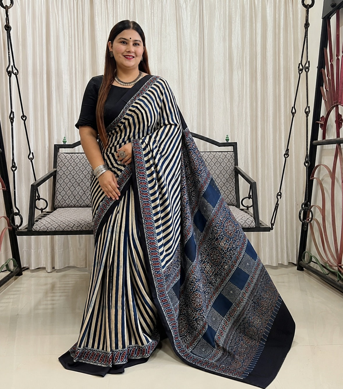 Indigo Ajrakh Pure Modal Silk Saree