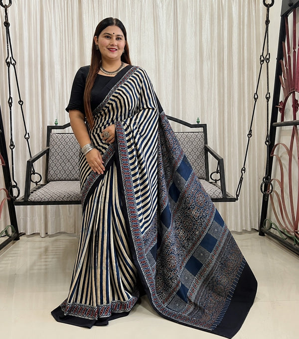 Indigo Ajrakh Pure Modal Silk Saree