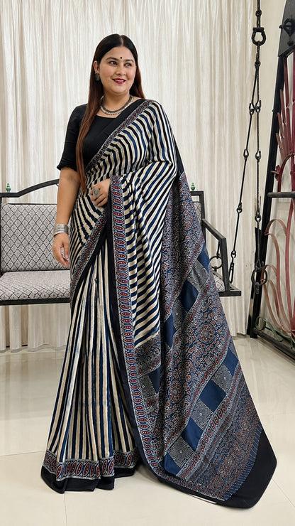 Indigo Ajrakh Pure Modal Silk Saree