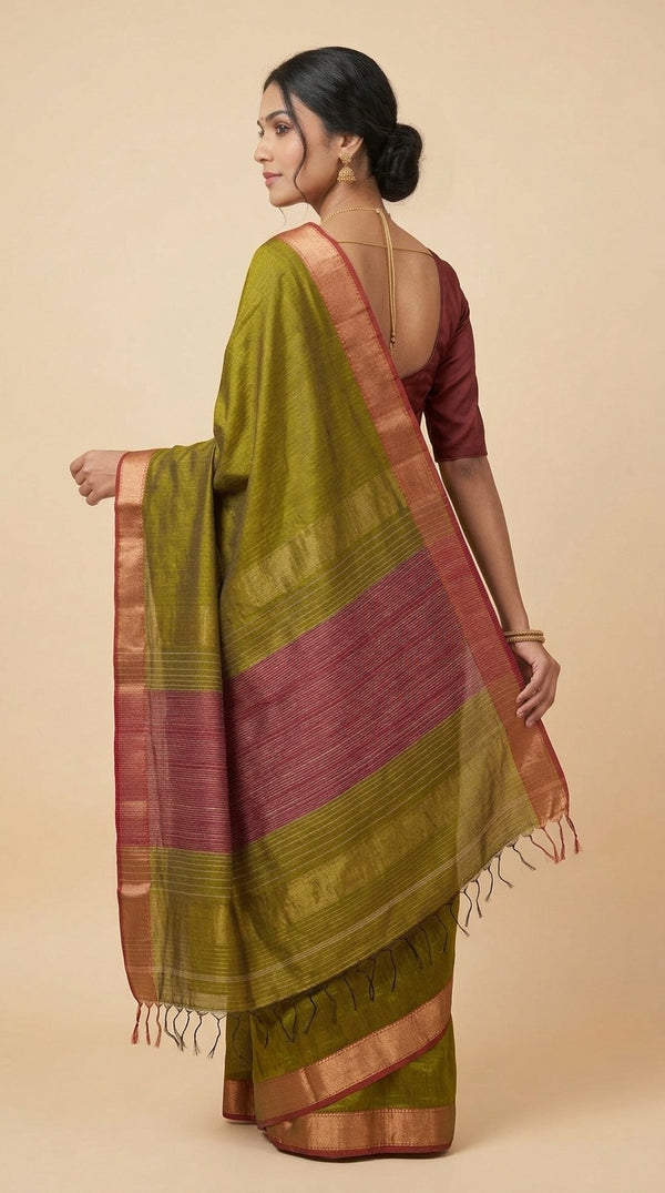 Mehndi Green Maheshwari Silk Saree with Zari Border