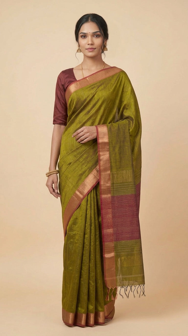 Mehndi Green Maheshwari Silk Saree with Zari Border