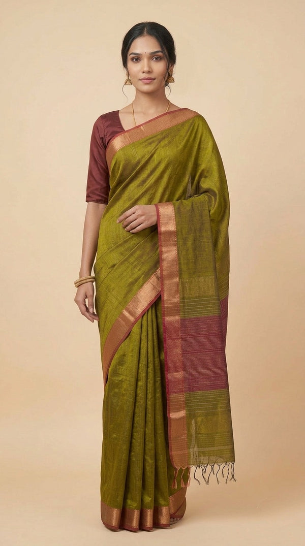 Mehndi Green Maheshwari Silk Saree with Zari Border