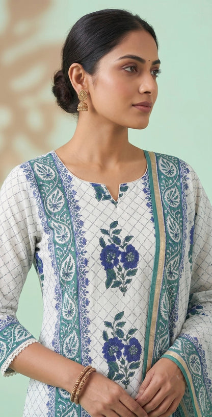 Handblock Print Blue Green Floral Cotton Dress Materials