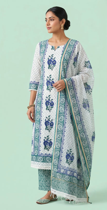 Handblock Print Blue Green Floral Cotton Dress Materials