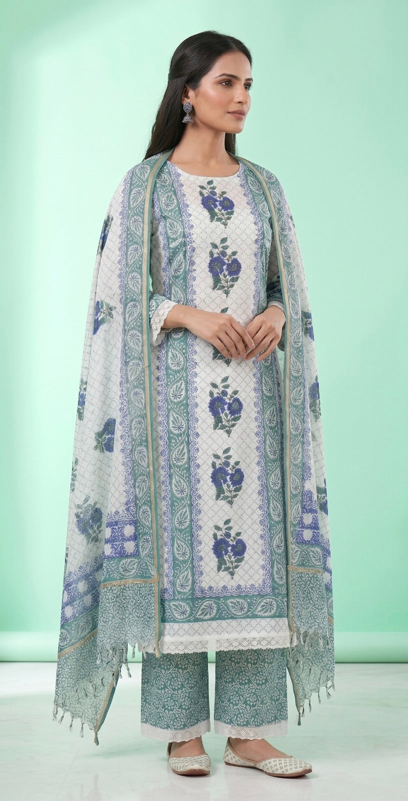 Handblock Print Blue Green Floral Cotton Dress Materials