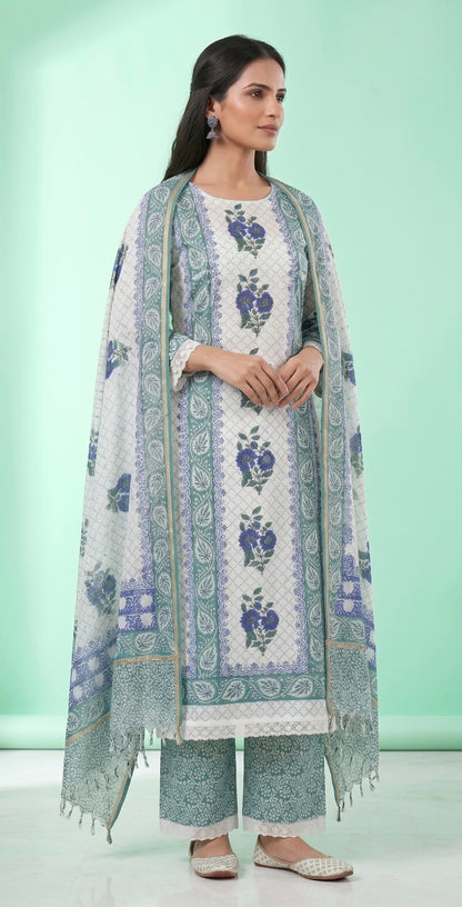 Handblock Print Blue Green Floral Cotton Dress Materials