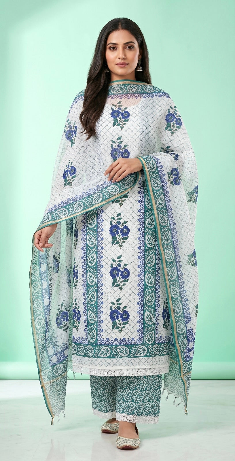 Handblock Print Blue Green Floral Cotton Dress Materials
