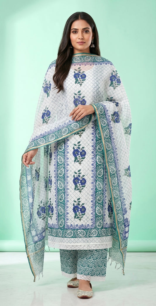 Handblock Print Blue Green Floral Cotton Dress Materials