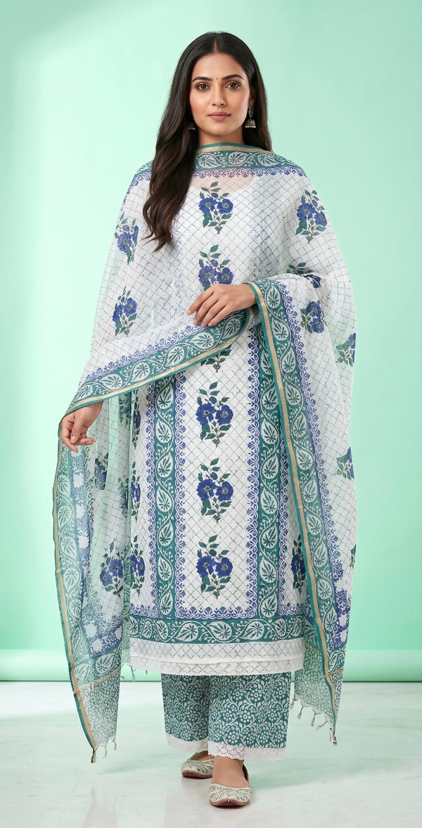 Handblock Print Blue Green Floral Cotton Dress Materials