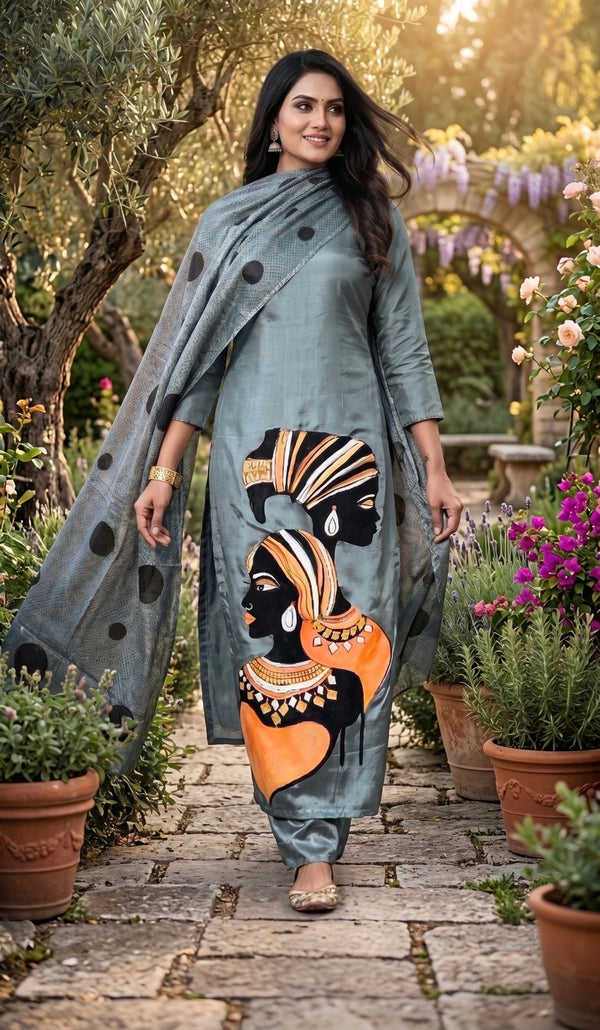 Crepe Silk Hand Painted Dress Materials