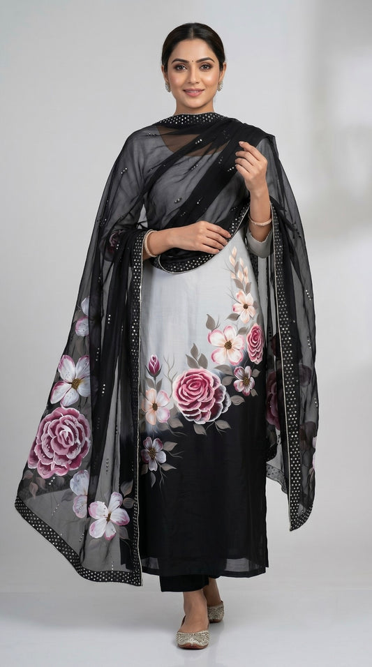 Crepe Silk Hand Painted Dress Materials