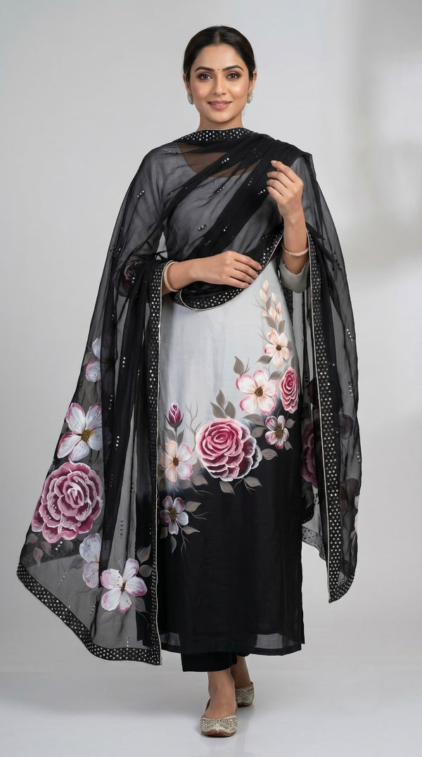 Crepe Silk Hand Painted Dress Materials