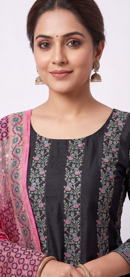 Handblock Print Pink Black Cotton/Silk Dress Materials