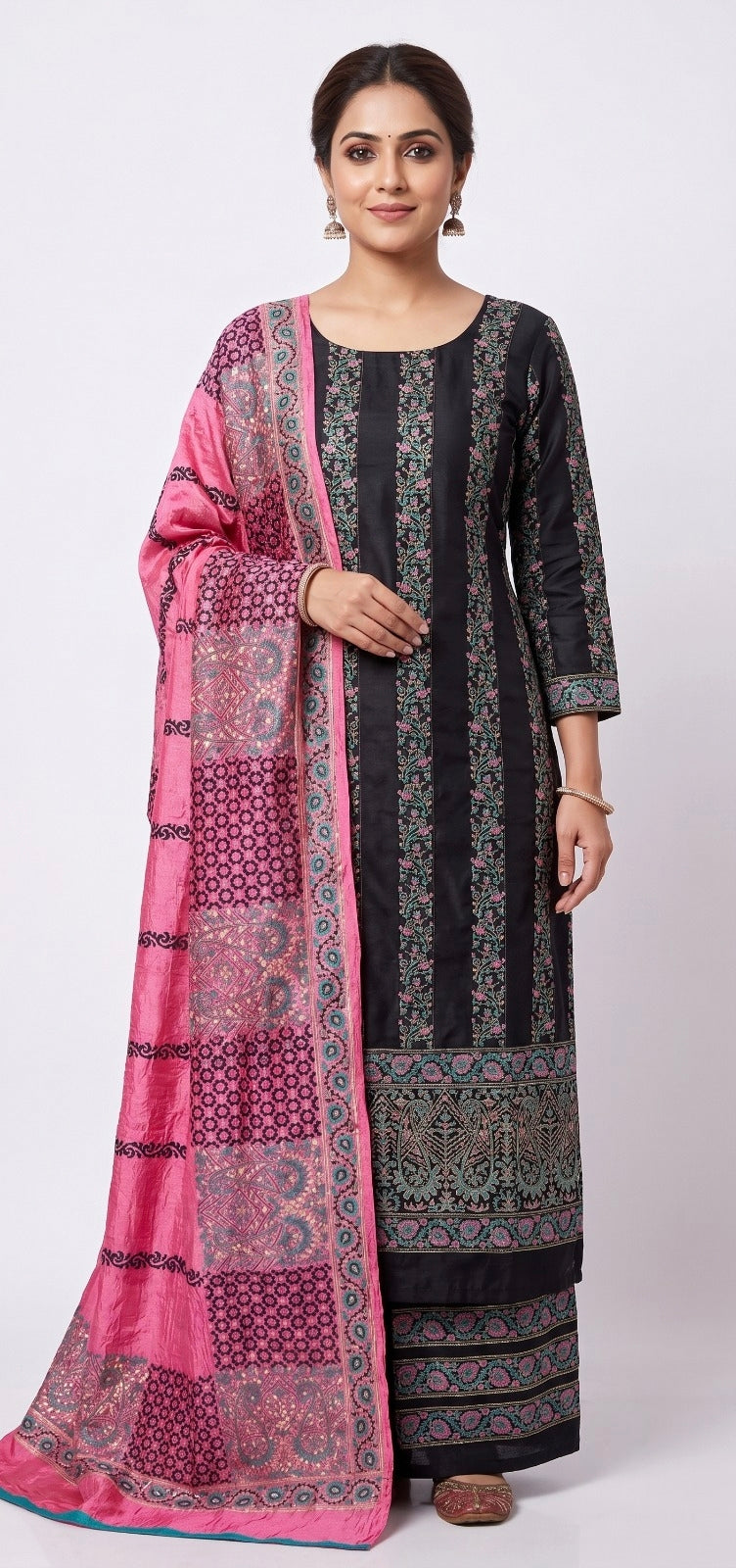 Handblock Print Pink Black Cotton/Silk Dress Materials