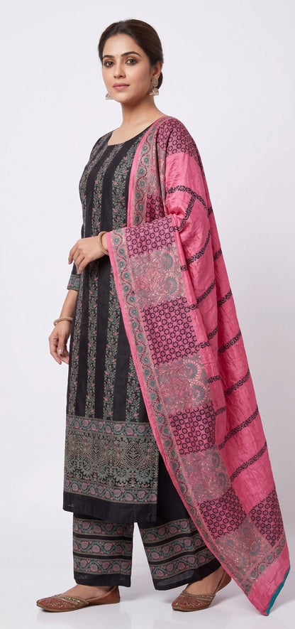 Handblock Print Pink Black Cotton/Silk Dress Materials