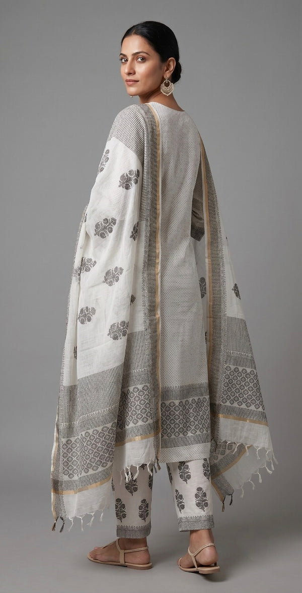 Handblock Print Grey White Printed Cotton Dress Materials