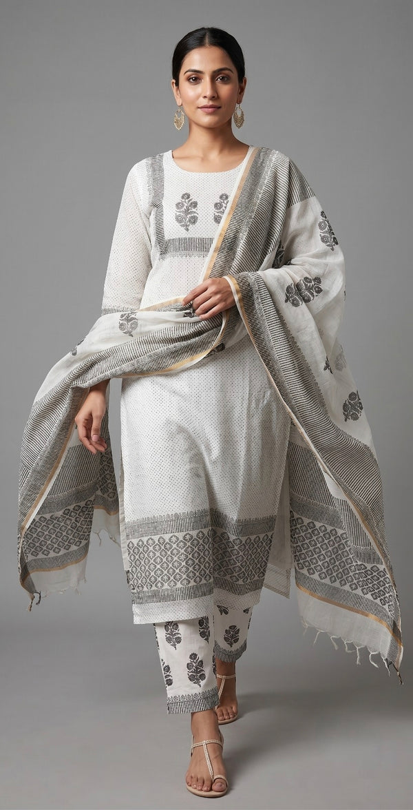 Handblock Print Grey White Printed Cotton Dress Materials