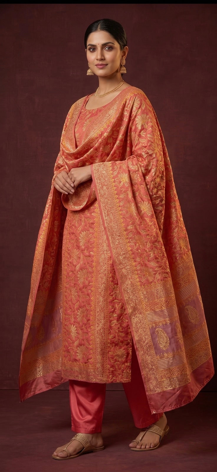 Handblock Print Pink Gold Cotton/Silk Dress Materials