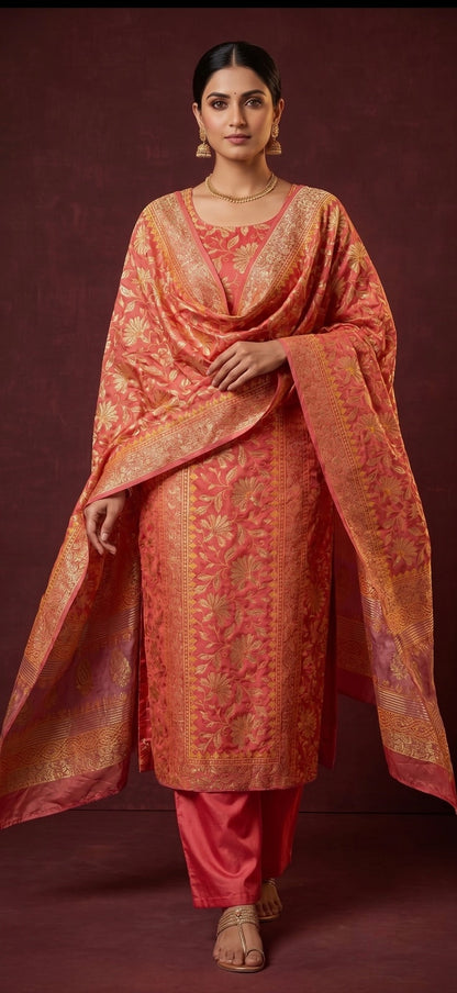 Handblock Print Pink Gold Cotton/Silk Dress Materials