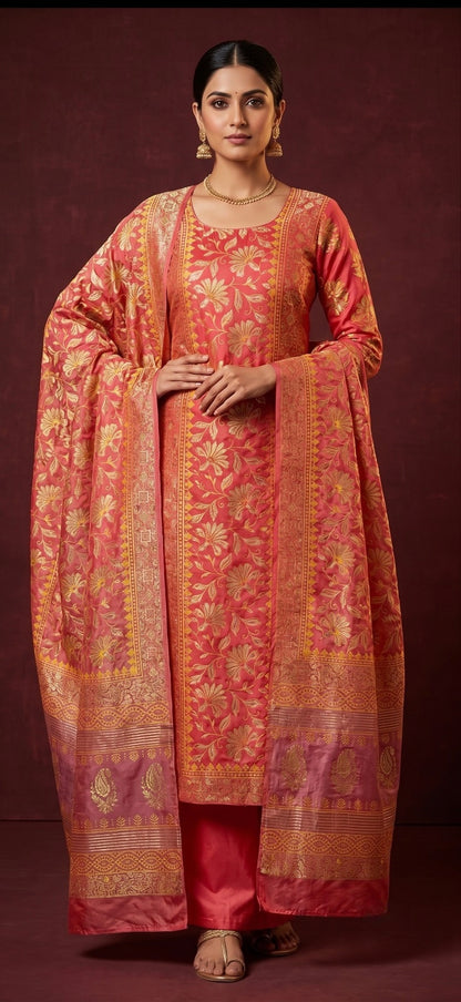 Handblock Print Pink Gold Cotton/Silk Dress Materials