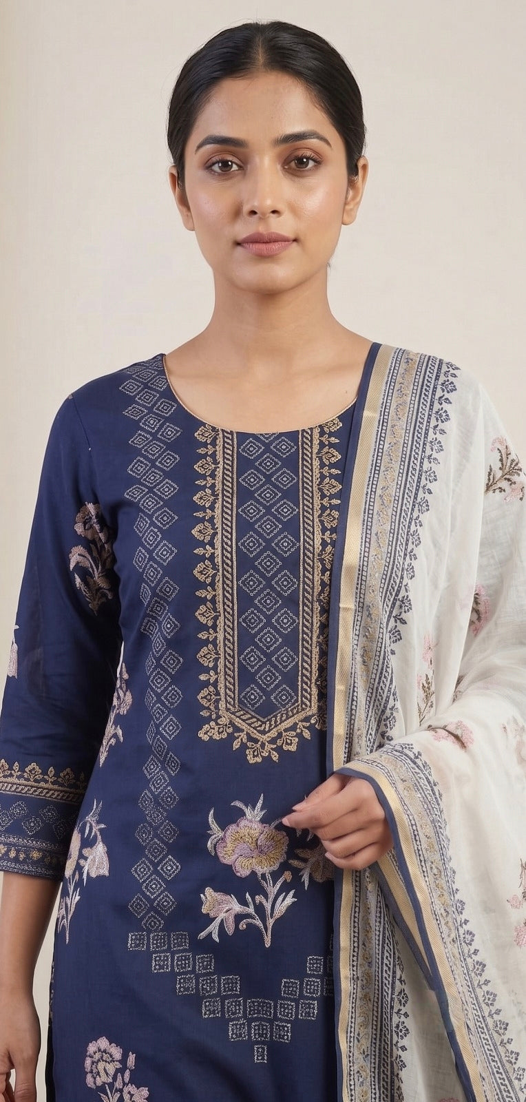 Handblock Print Navy Blue Cotton/Silk Dress Materials