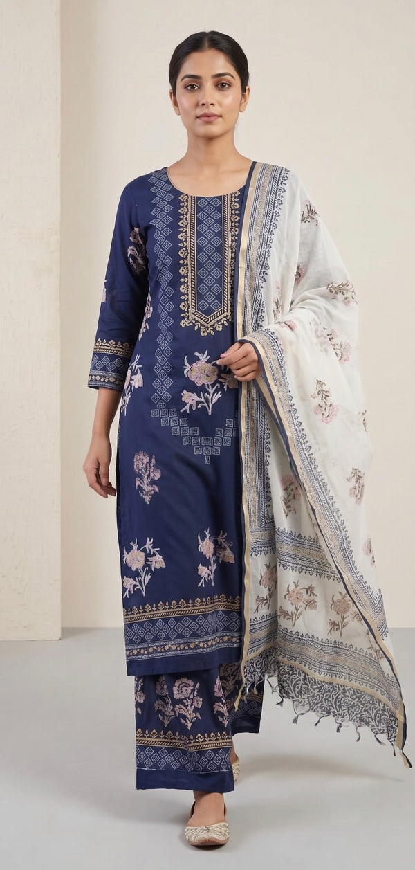 Handblock Print Navy Blue Cotton/Silk Dress Materials