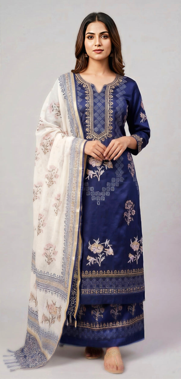 Handblock Print Navy Blue Cotton/Silk Dress Materials