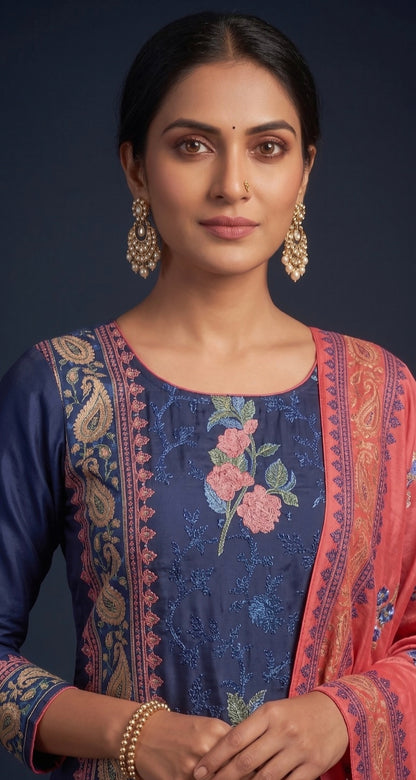 Handblock Print Navy Blue & Pink Cotton/Silk Dress Materials