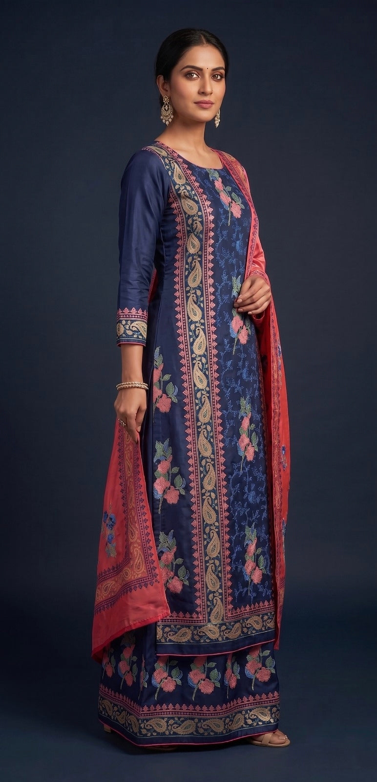 Handblock Print Navy Blue & Pink Cotton/Silk Dress Materials