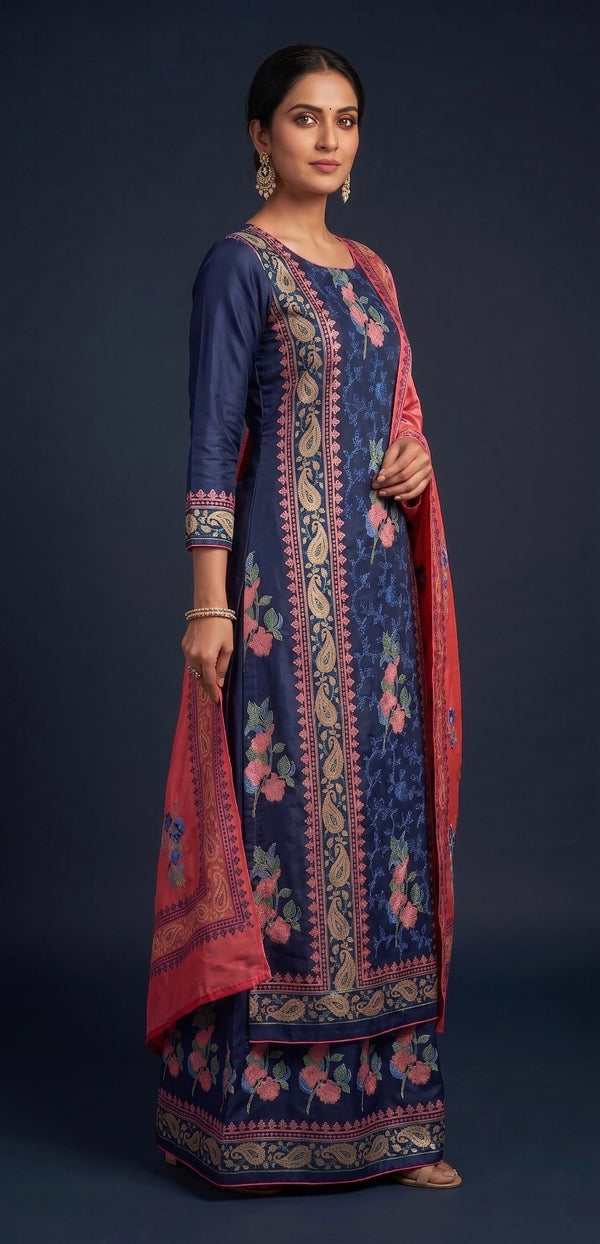 Handblock Print Navy Blue & Pink Cotton/Silk Dress Materials