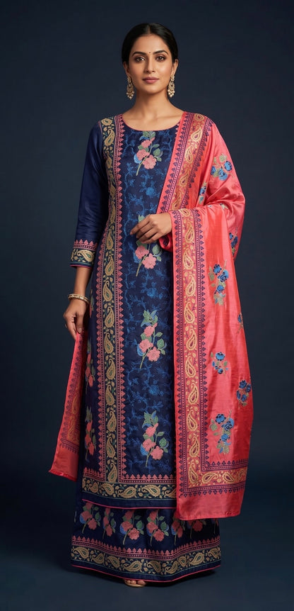 Handblock Print Navy Blue & Pink Cotton/Silk Dress Materials