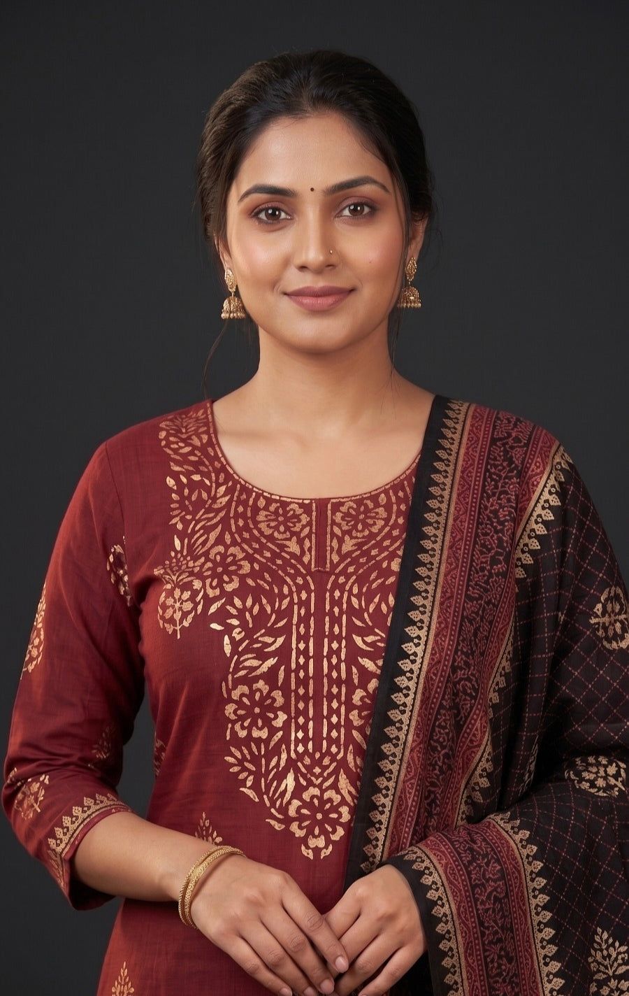 Handblock Print Maroon Black Cotton/Silk Dress Materials