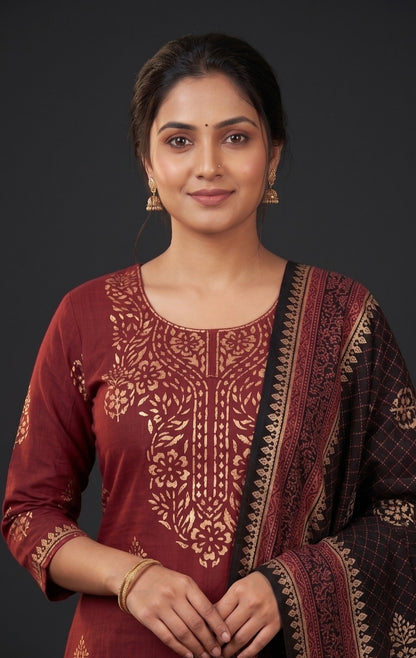 Handblock Print Maroon Black Cotton/Silk Dress Materials