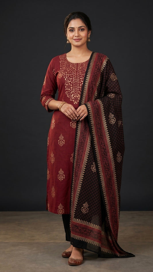 Handblock Print Maroon Black Cotton/Silk Dress Materials