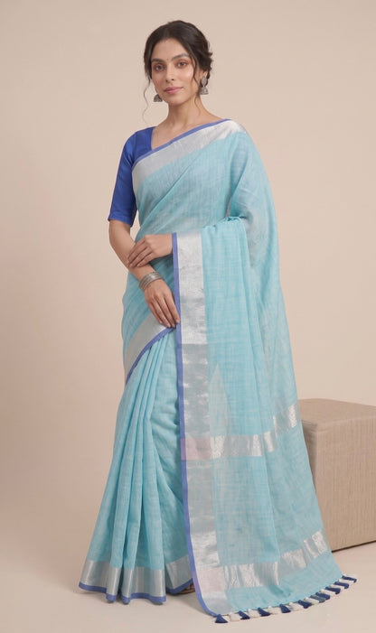 Aqua Blue Linen Cotton Saree