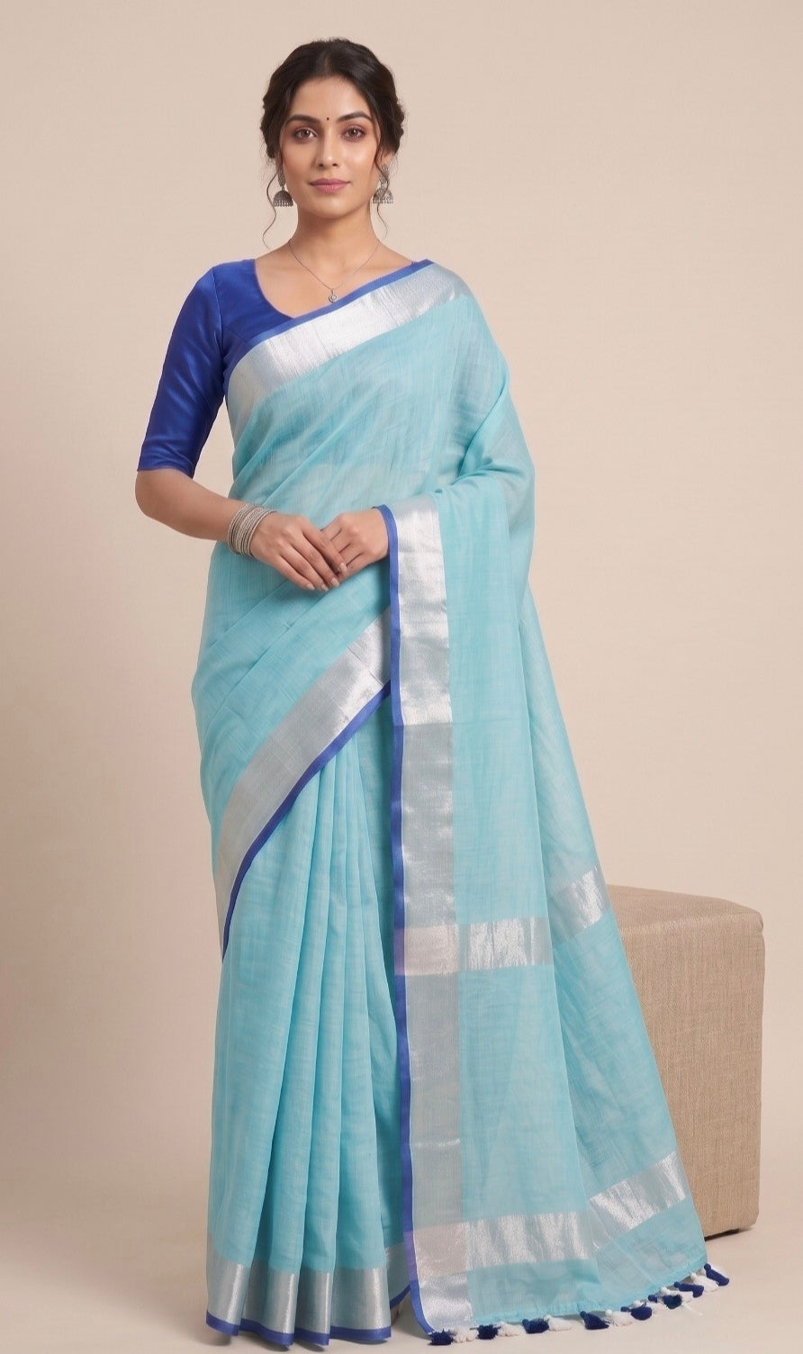 Aqua Blue Linen Cotton Saree