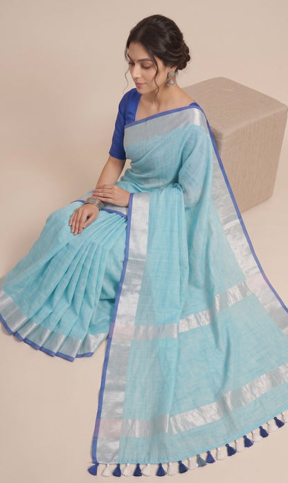 Aqua Blue Linen Cotton Saree