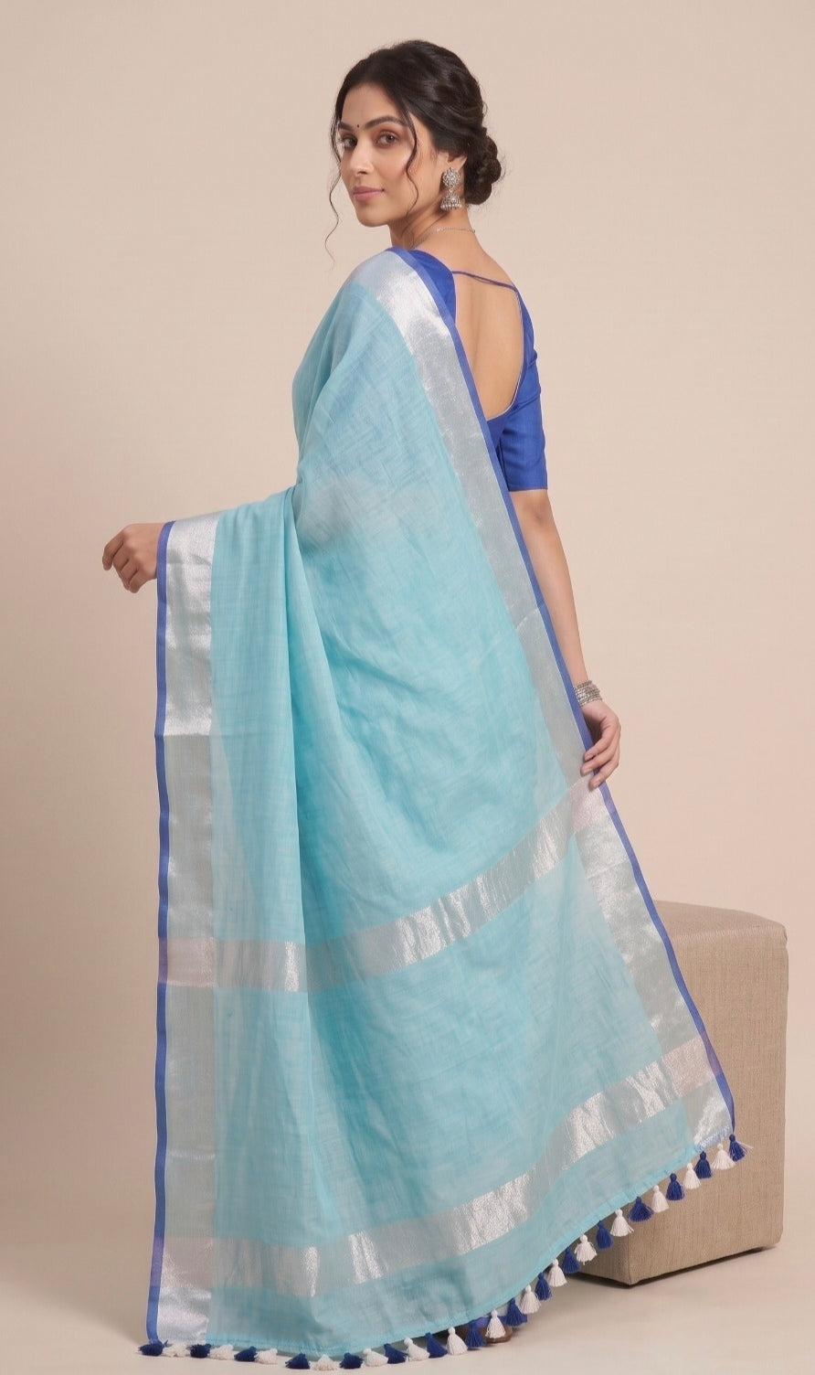 Aqua Blue Linen Cotton Saree