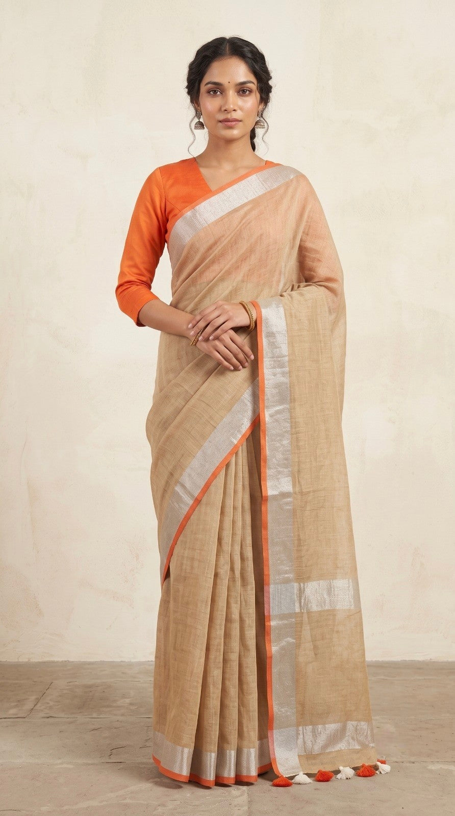 Beige Linen Cotton Saree