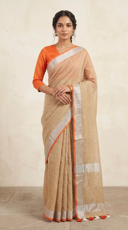Beige Linen Cotton Saree