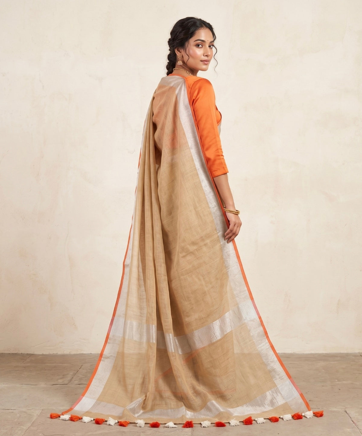 Beige Linen Cotton Saree