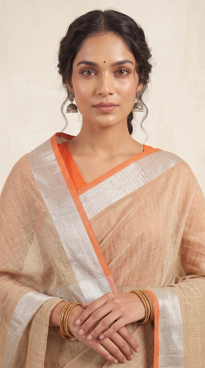 Beige Linen Cotton Saree