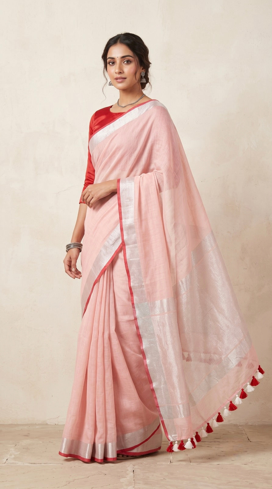 Blush Pink Linen Cotton Saree