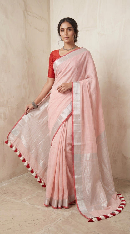 Blush Pink Linen Cotton Saree