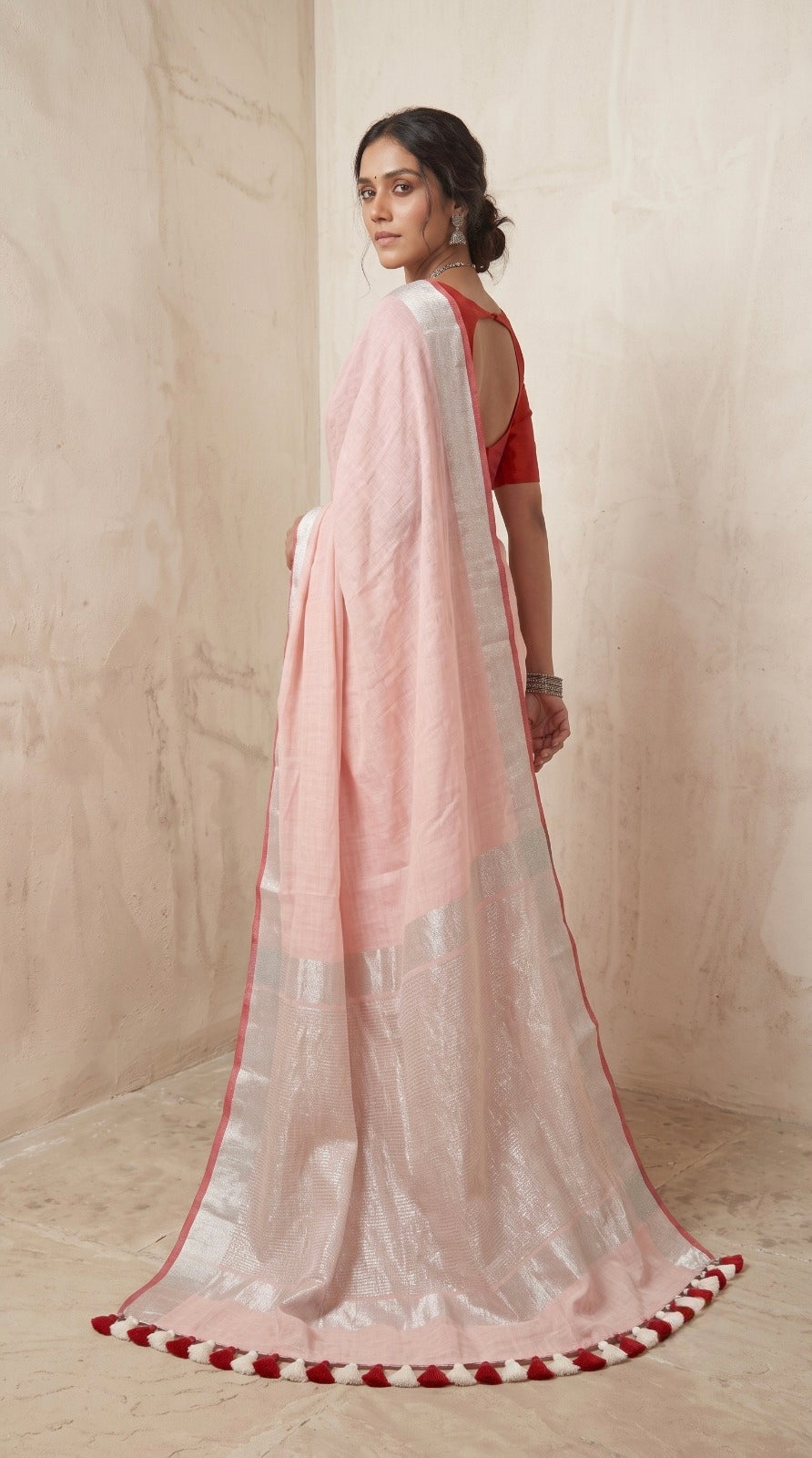 Blush Pink Linen Cotton Saree