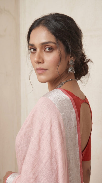 Blush Pink Linen Cotton Saree