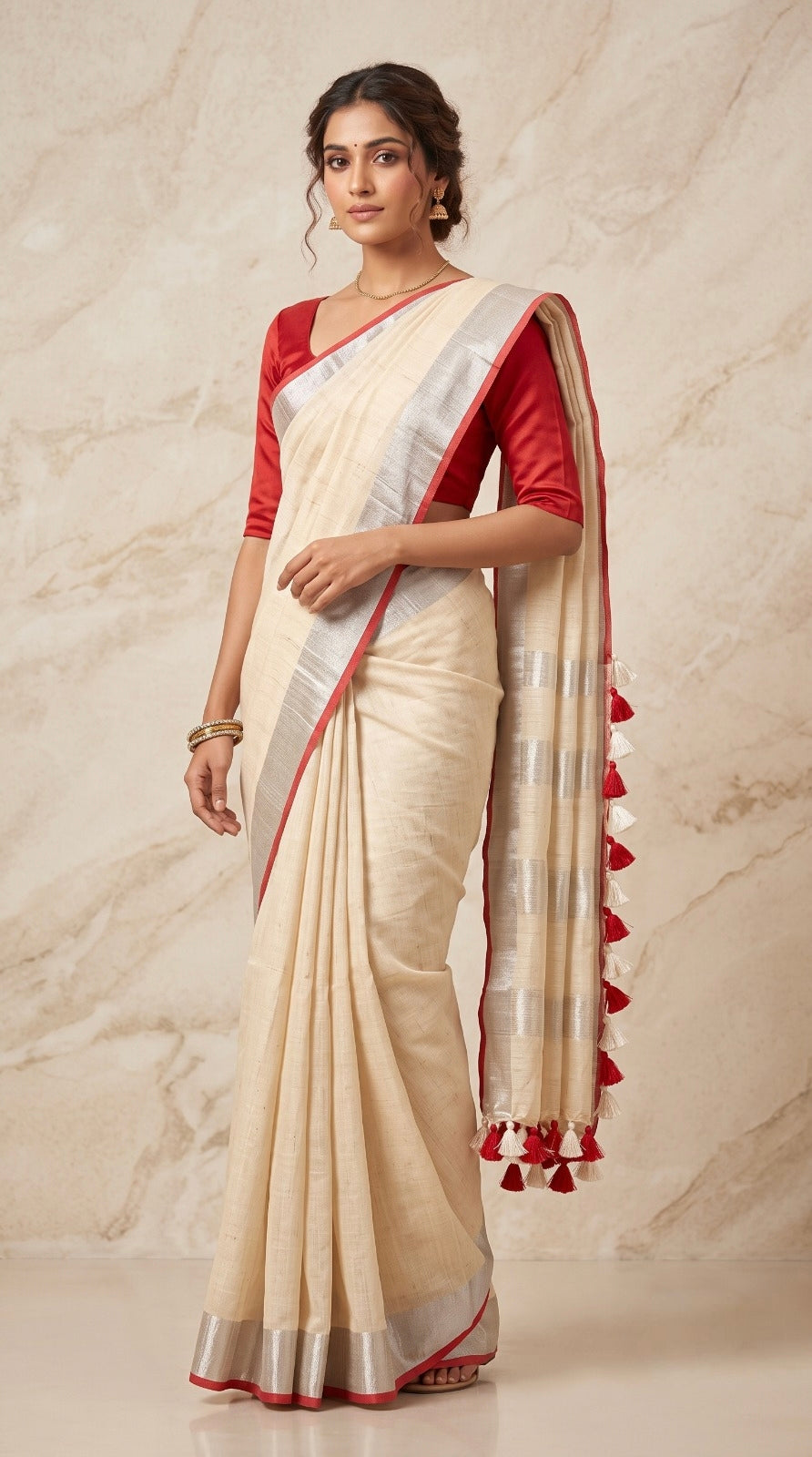 Cream Linen Cotton Saree